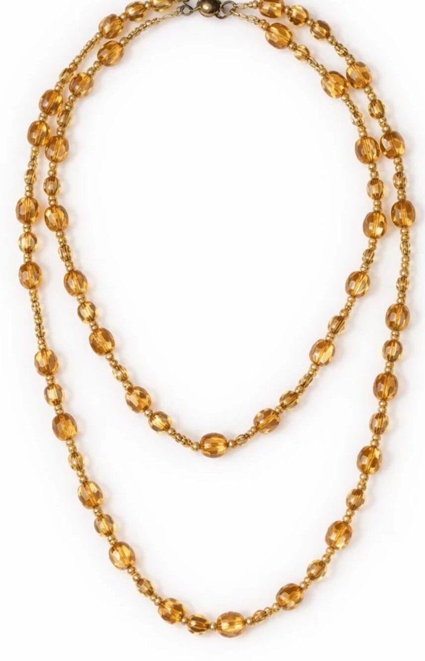Vintage Amber AB Faceted Glass Beads Necklace 38"Opera Length Single Strand 1960